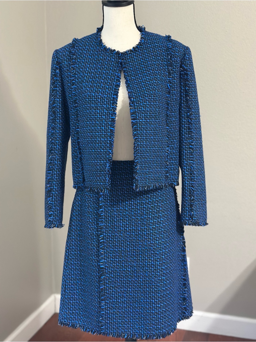 Hugo BOSS Cobalt Blue Tweed Vomanda Old Money Skirt Set with frayed fringe trim